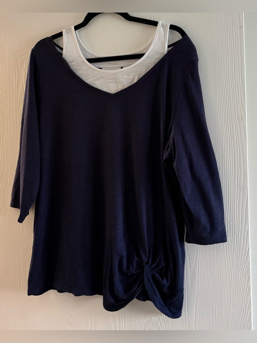 Unique Bell by Kim Gravel slub knit top with faux tank, 3/4 sleeves & knot XL
